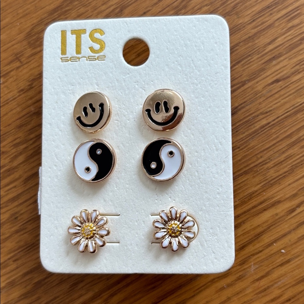 ITS Sense Smiley, Daisy, and Yin Yang Stud Earrings Set Mix and Match-Gold Tones